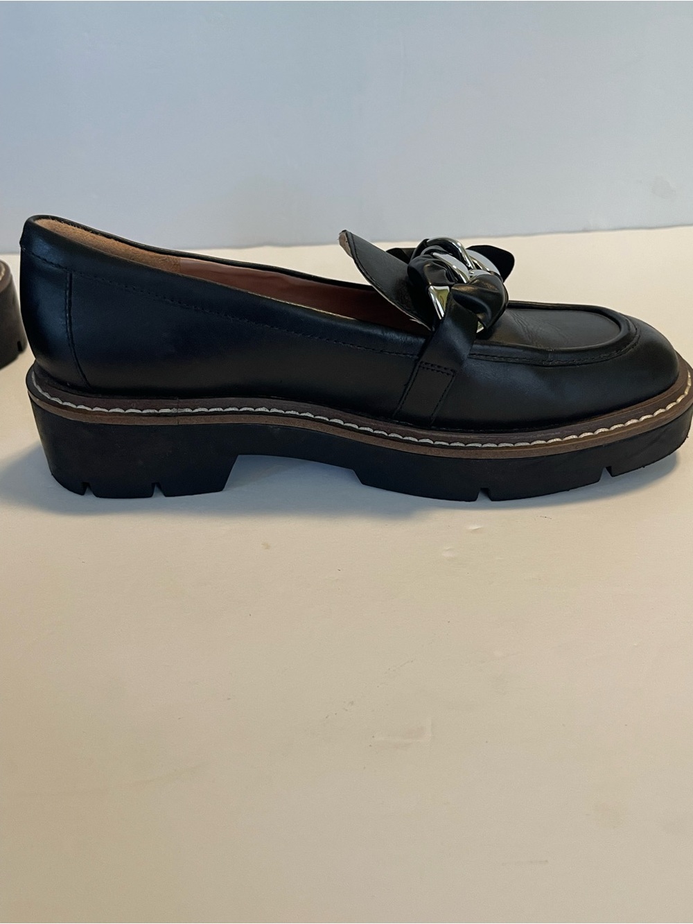 Nordstrom Loafers Chunky Platform Leather Size 7 Silver Chain Hardware - Picture 13 of 16